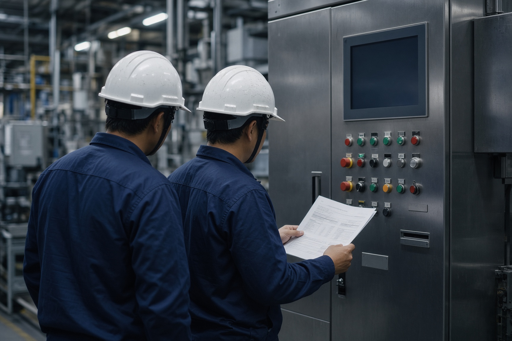 Two controls engineers at a stainless panel on a factory floor
