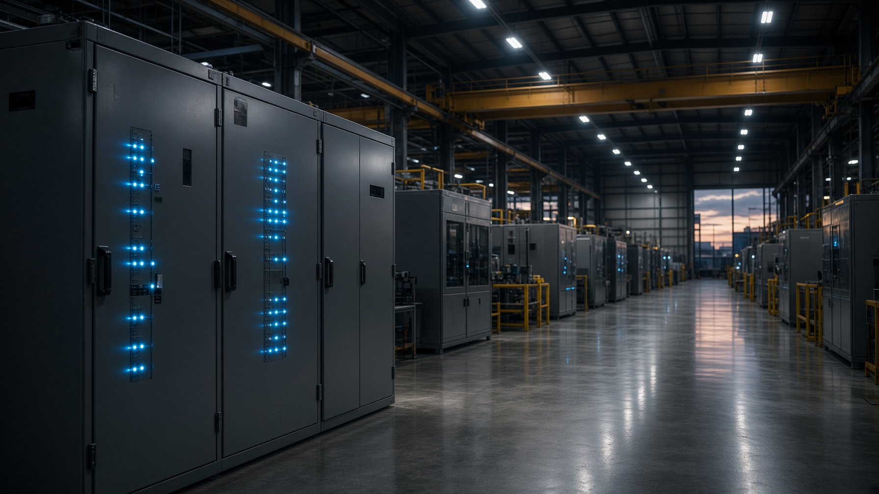 Industrial plant floor with rows of control cabinets and cyan status lighting