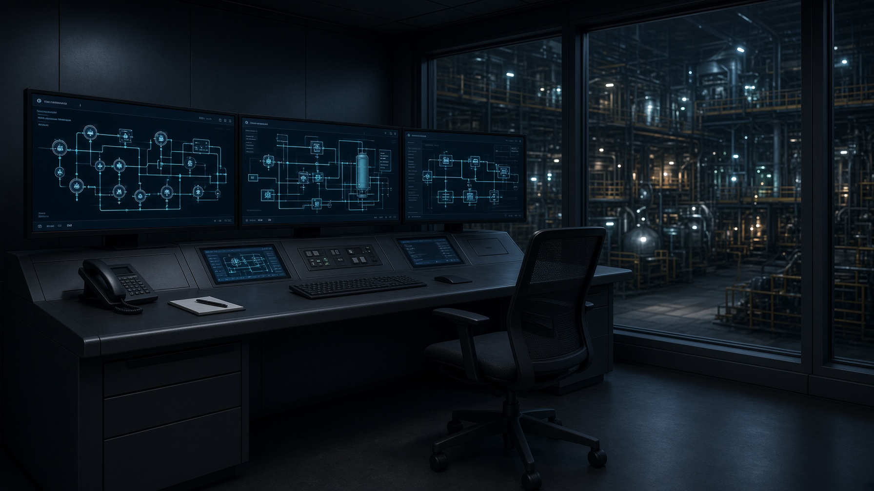 Industrial control room with HMI screens overlooking a plant at night