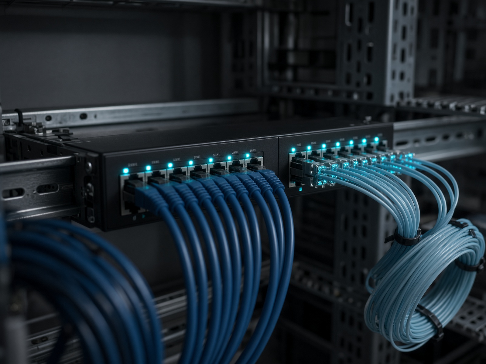 Industrial Ethernet patch panel with cyan link lights