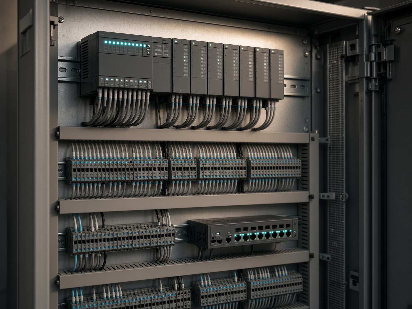 Open industrial PLC cabinet with DIN-rail controllers