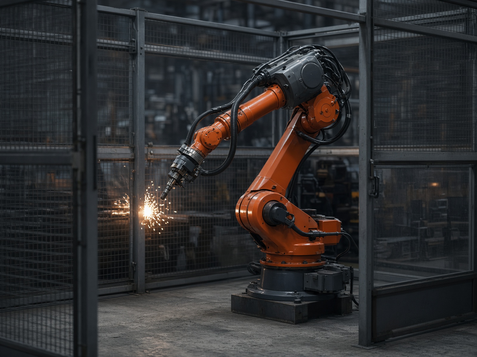 Six-axis industrial robot arm inside a caged cell
