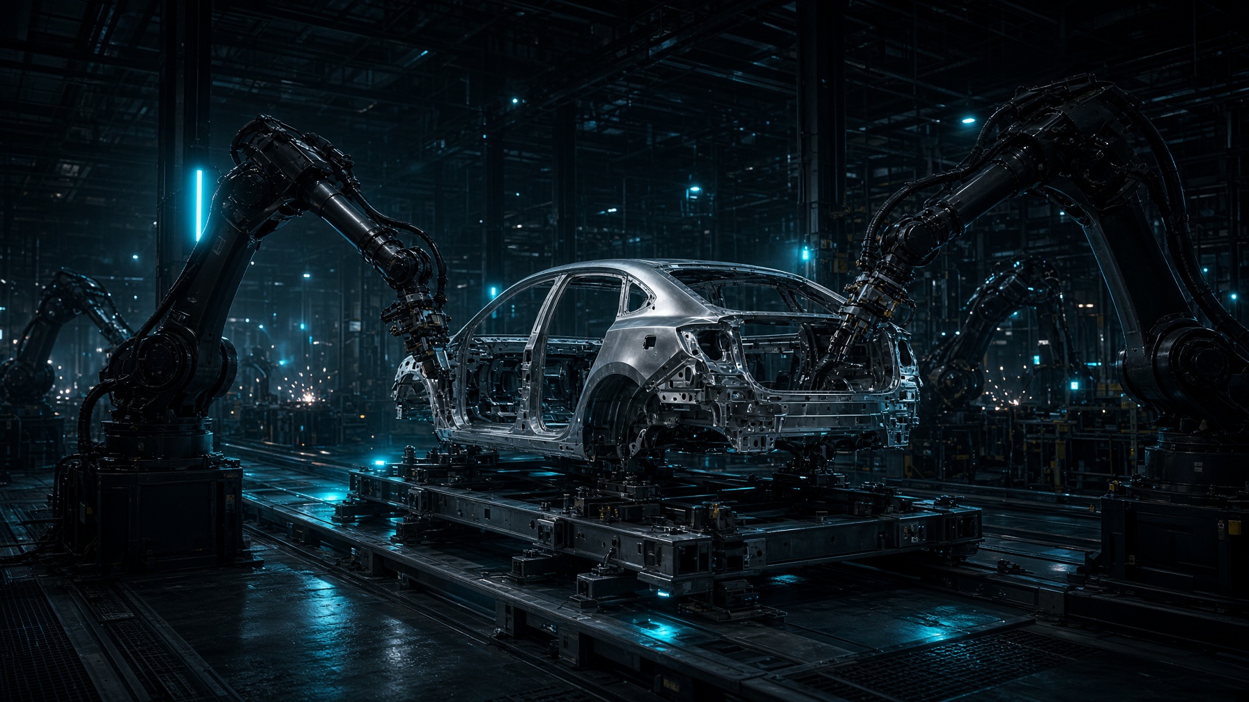 Automotive body-in-white hall with industrial robots