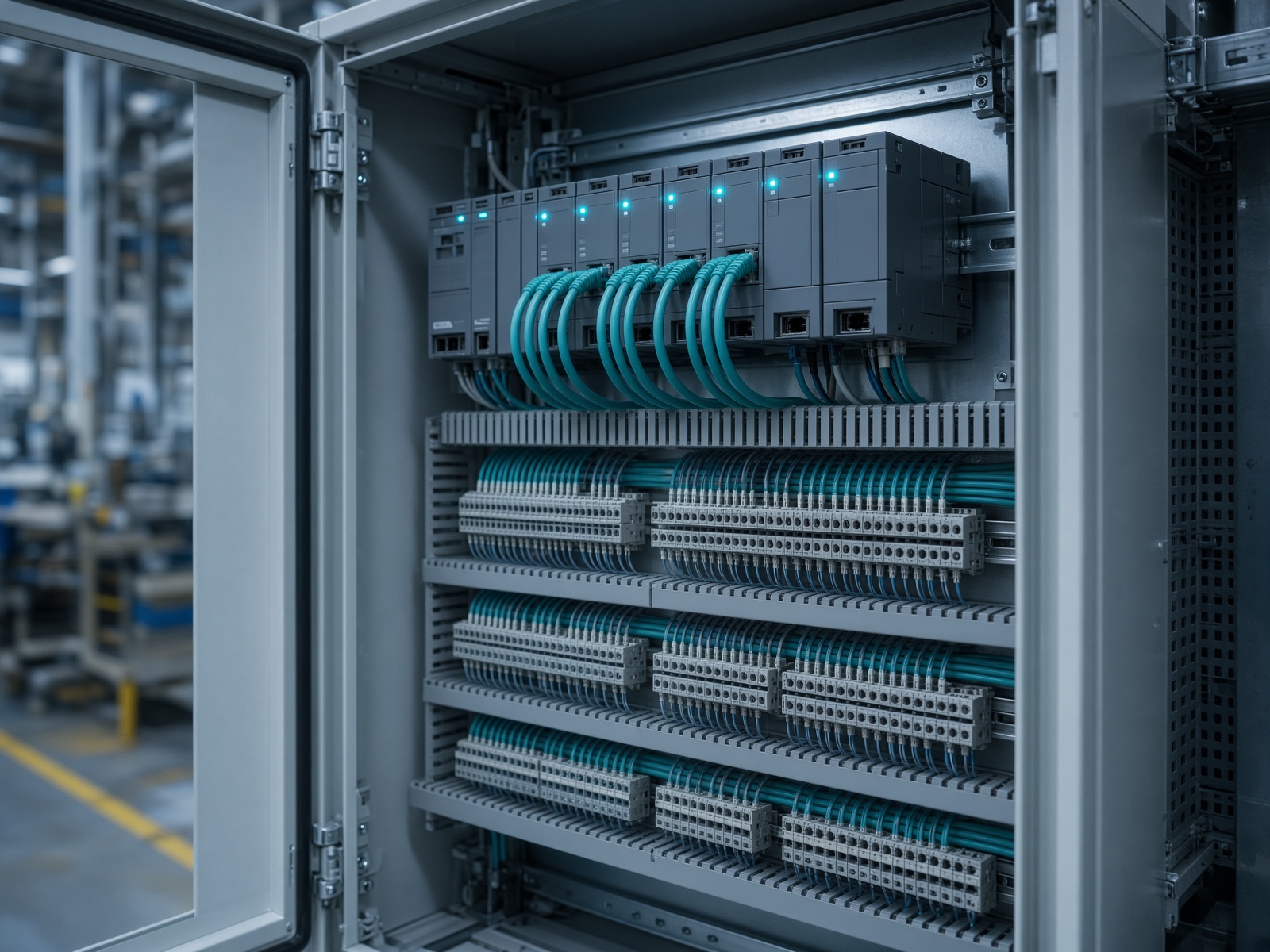Open industrial control cabinet with organized PLC modules and wiring