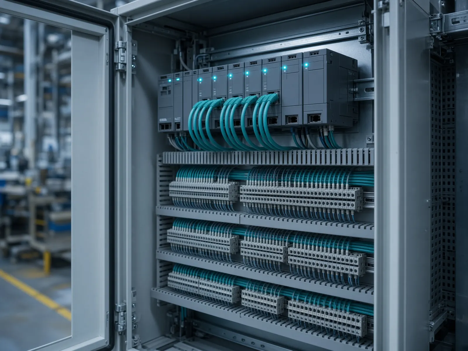 Control cabinet with PLC modules and terminal blocks