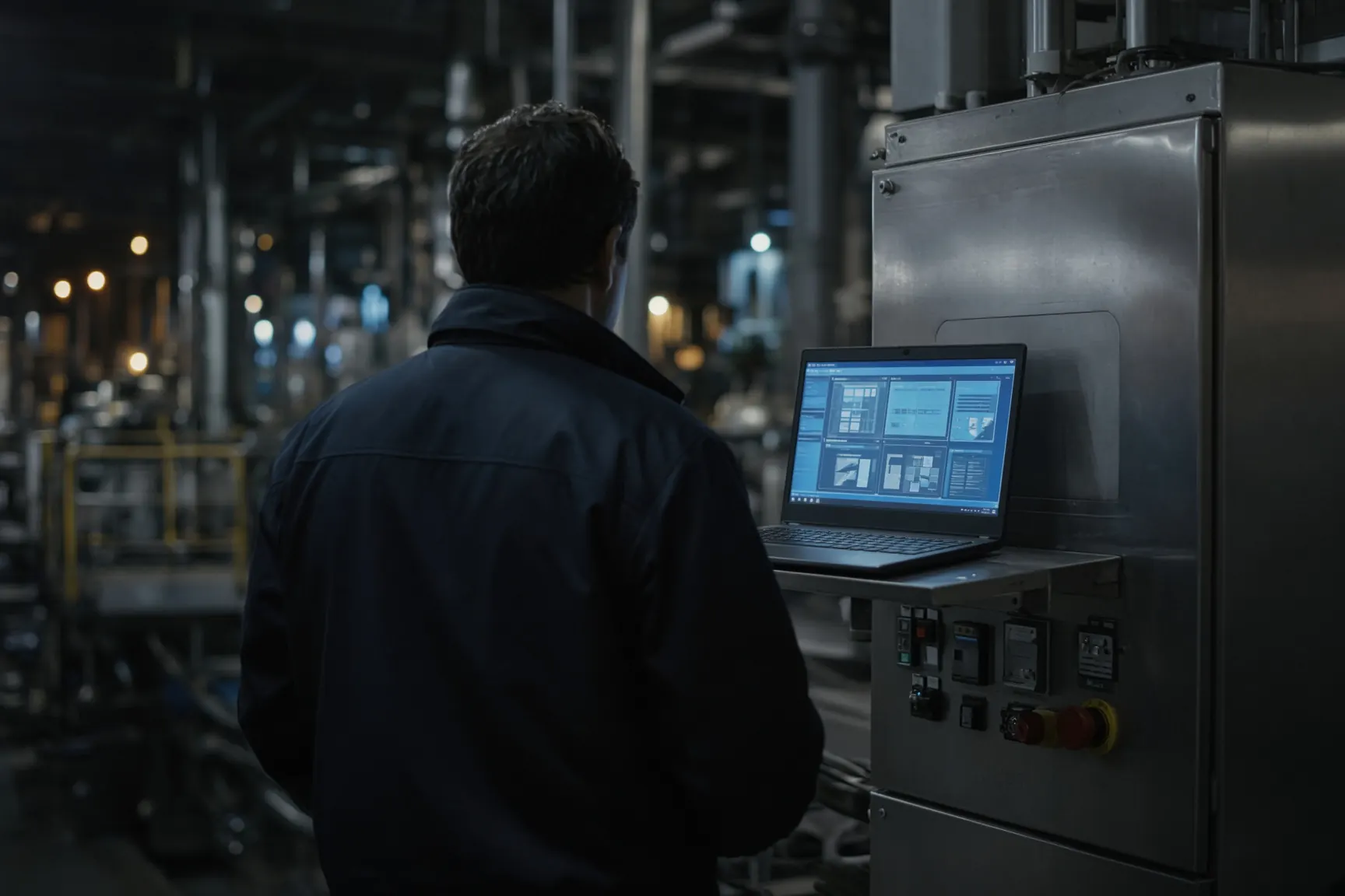 Controls engineer reviewing a program at a machine cabinet