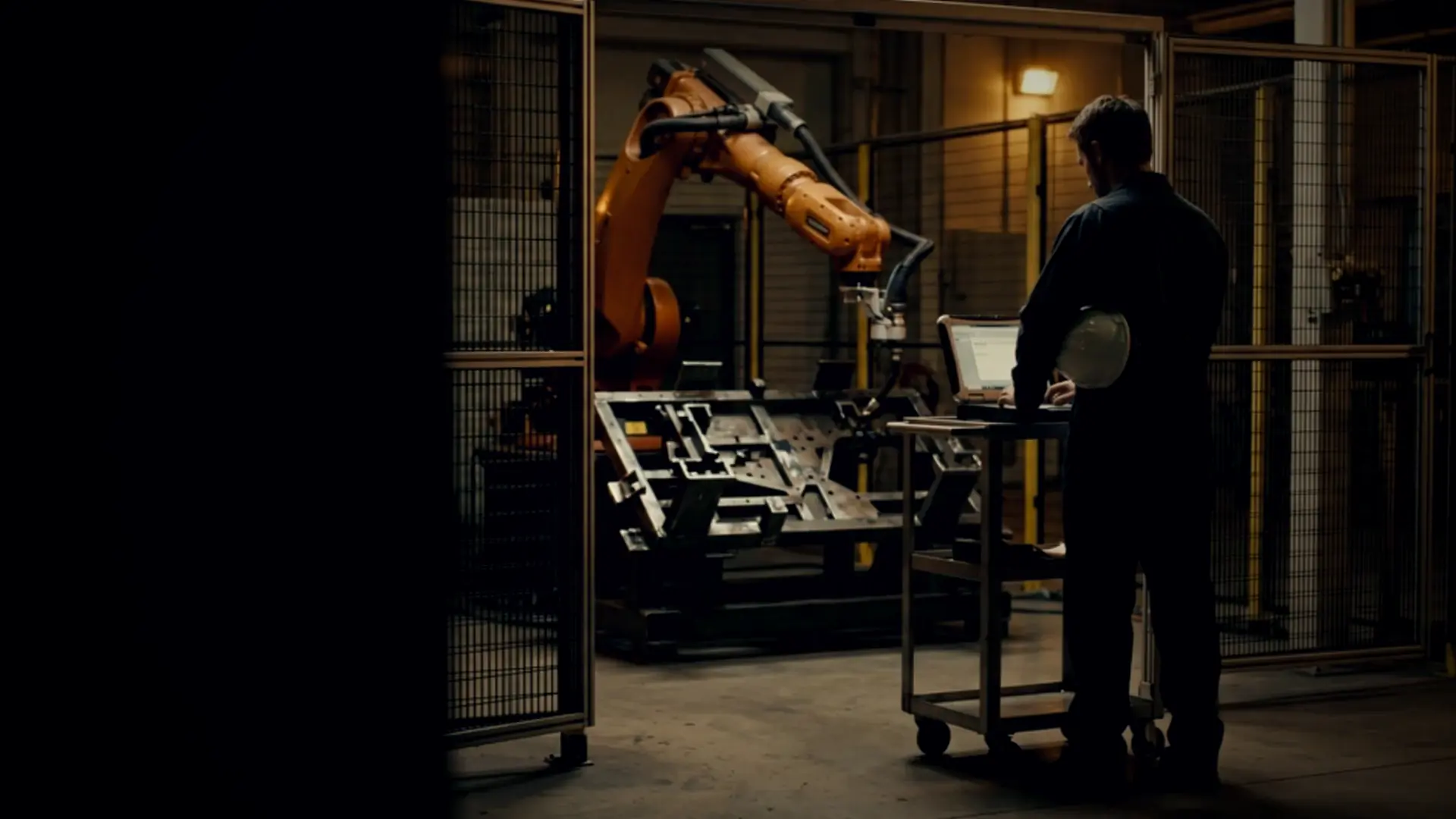 Controls engineer at a robot cell late at night
