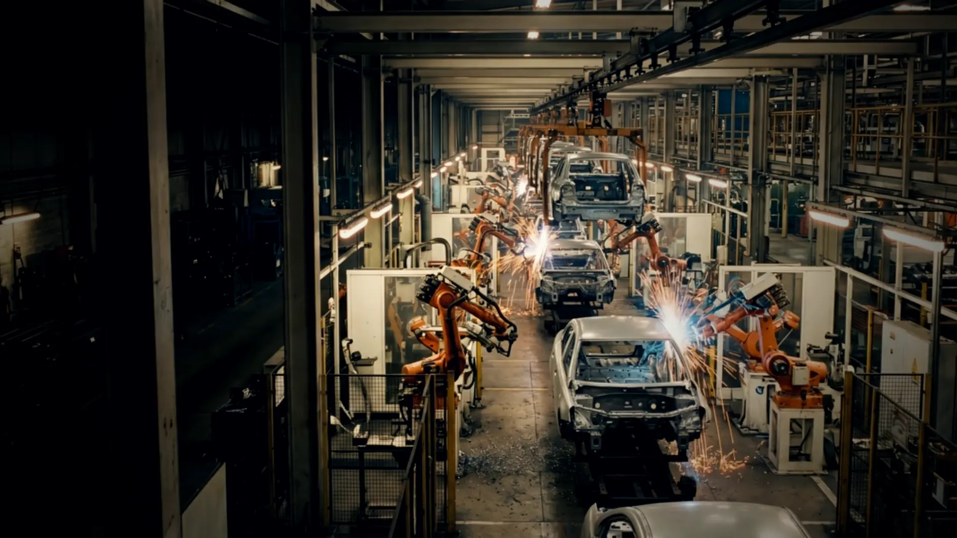 Body-in-white line with robots spot-welding car bodies