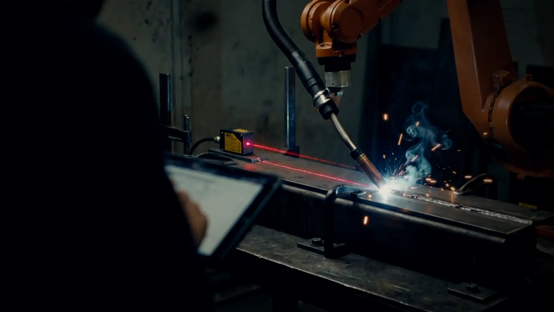 Robot arc-welding a seam guided by a laser seam-tracking sensor