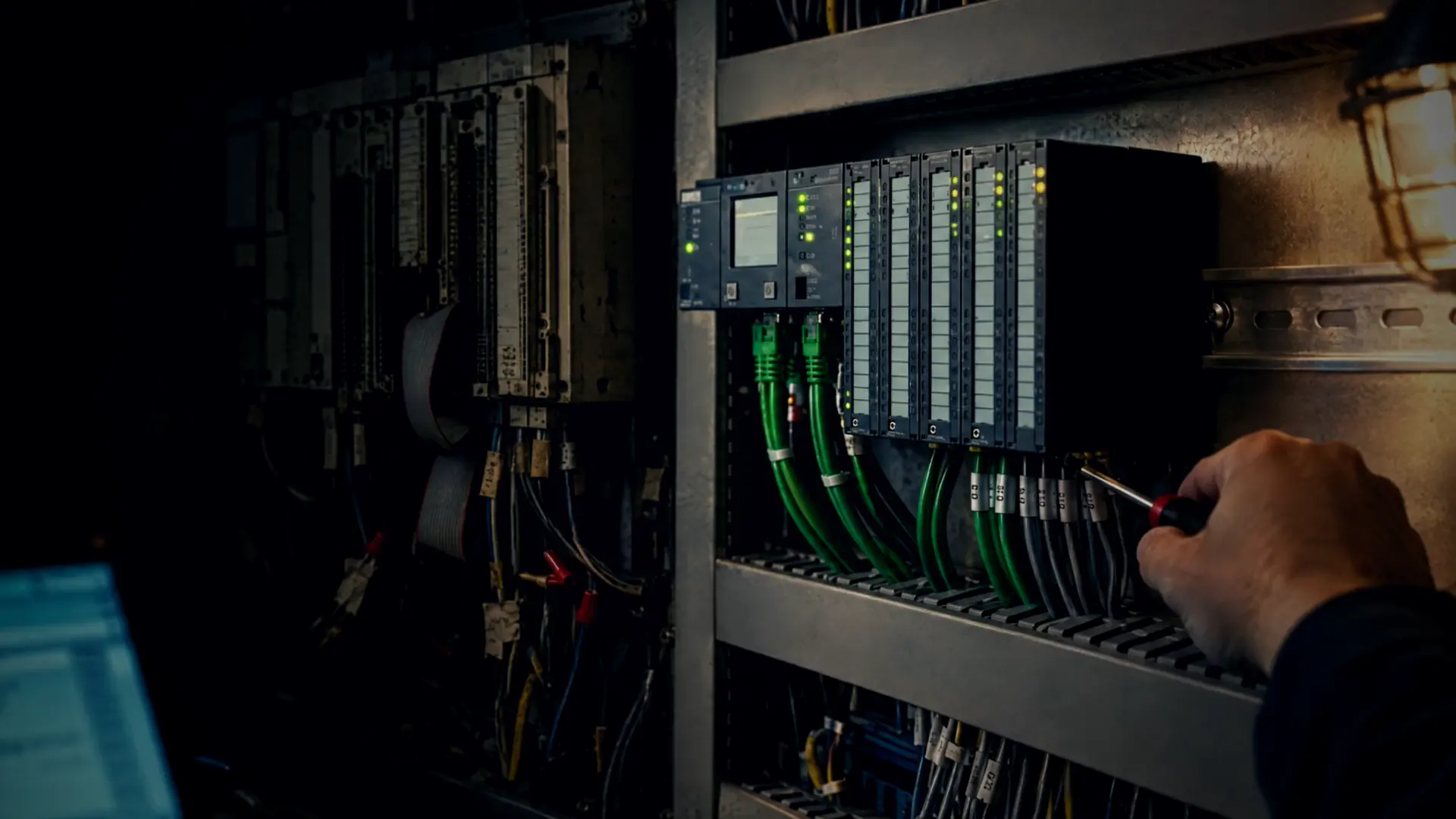 Legacy PLC rack beside a new controller during a migration