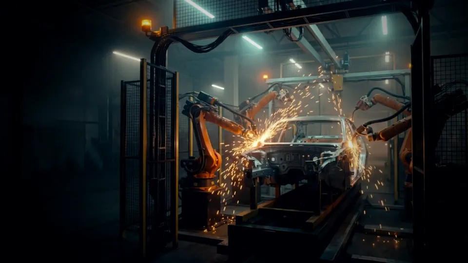 Four robots spot-welding a car body in a framing station