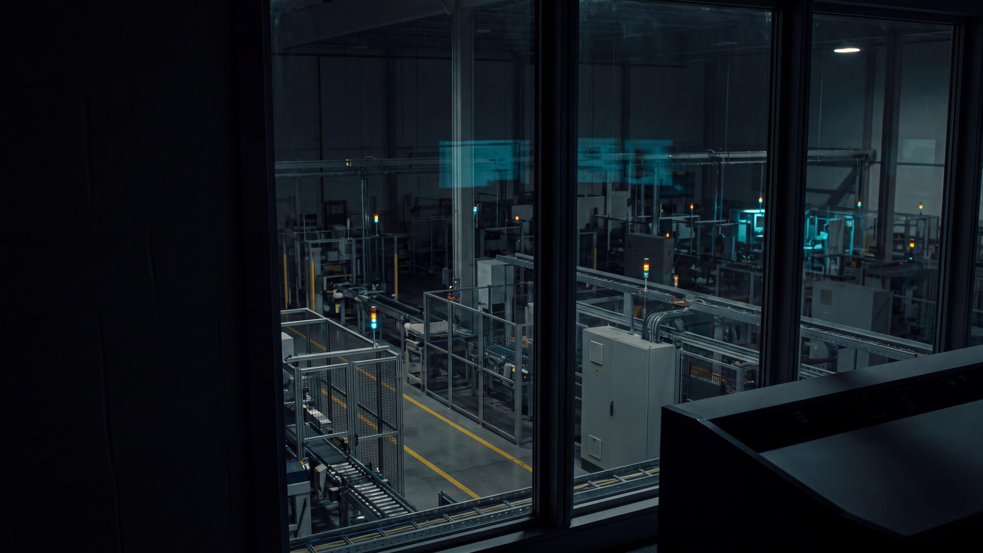 View from a dark control room through a window onto a production floor with guarded cells, conveyor lines and stack lights