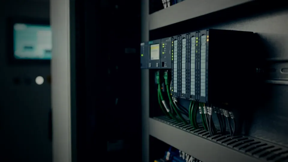 Modular PLC with green PROFINET cables in a control cabinet