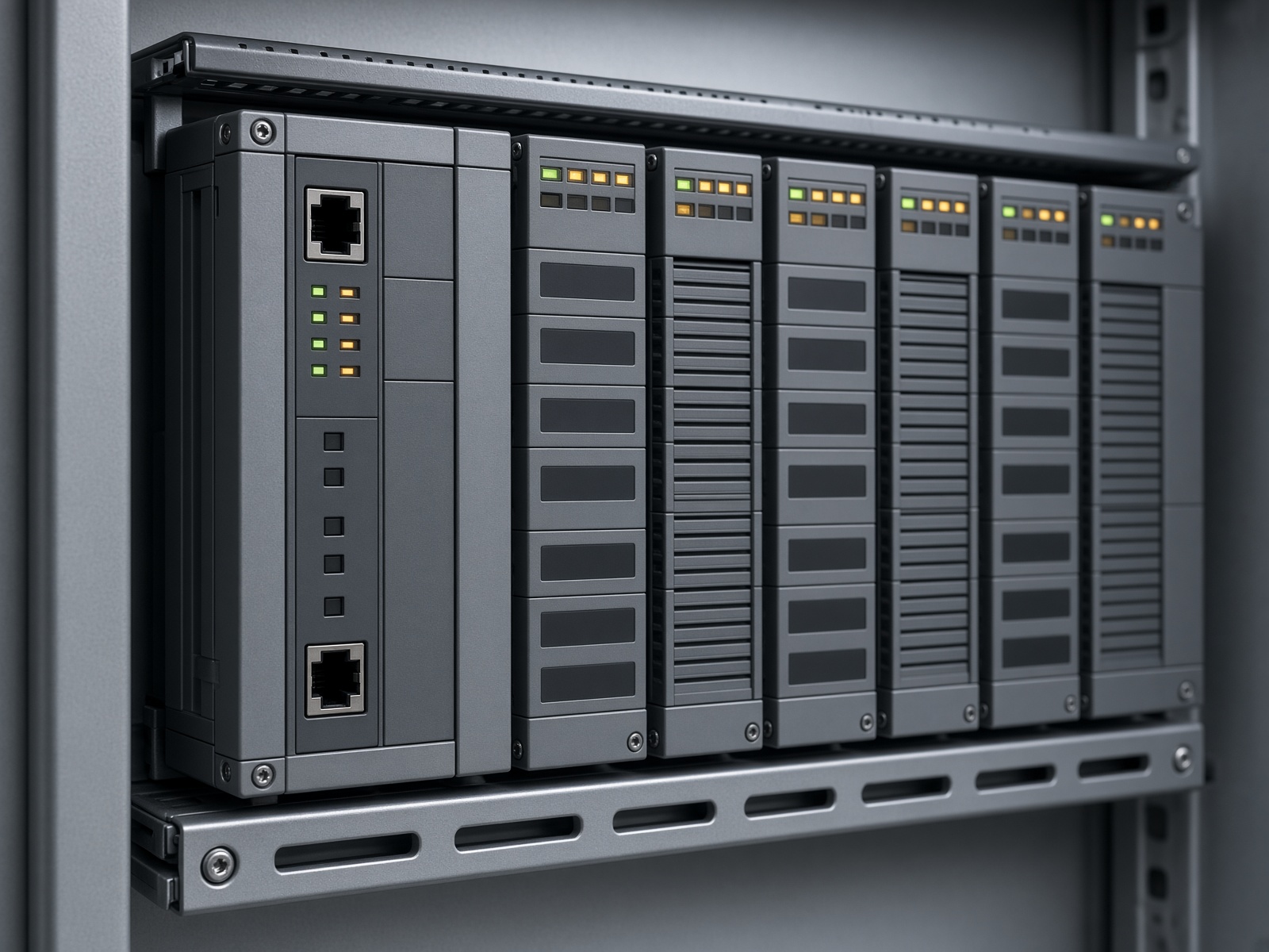 Modular industrial PLC rack with status LEDs