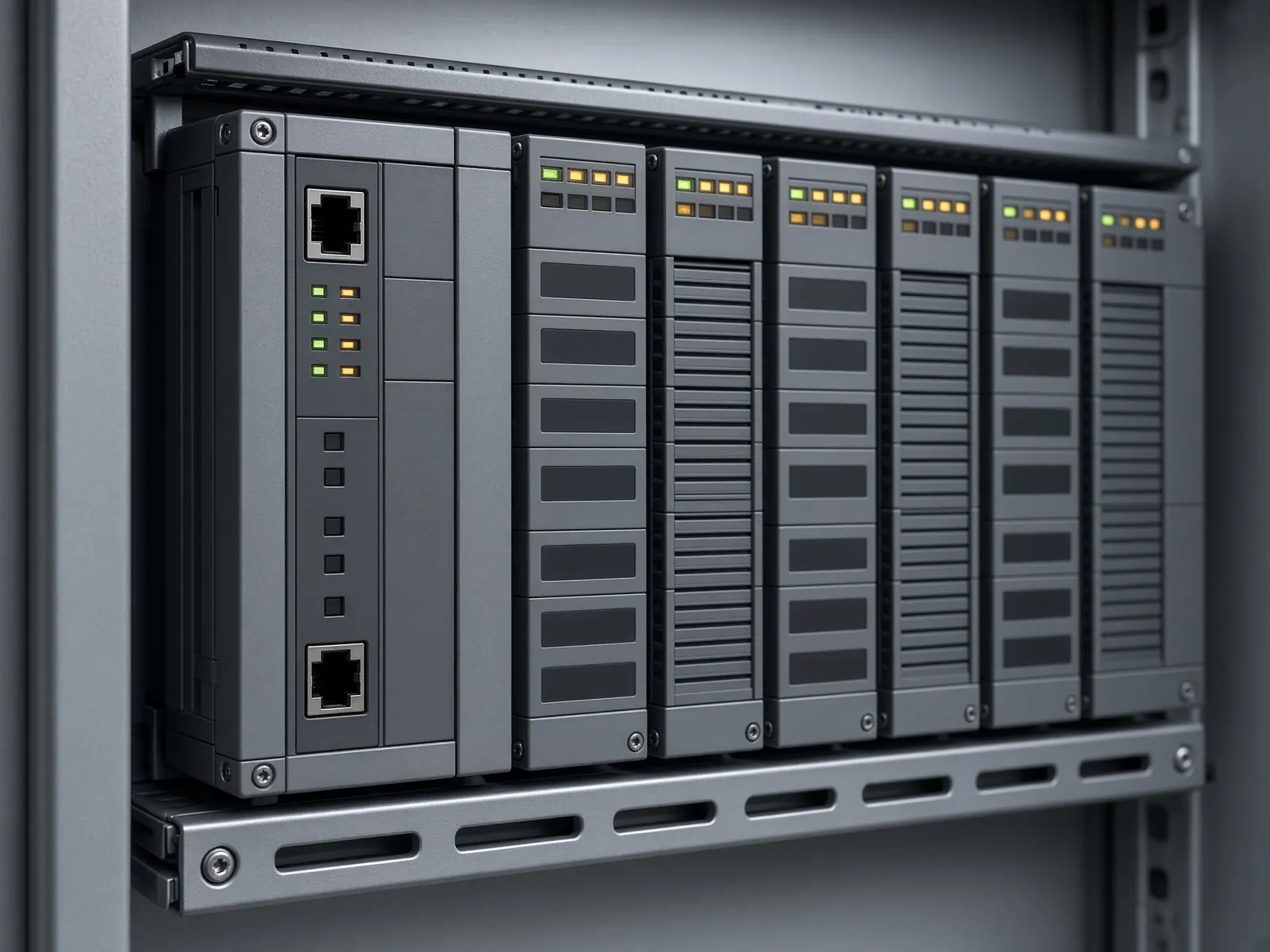 PLC rack with I/O modules in a control cabinet