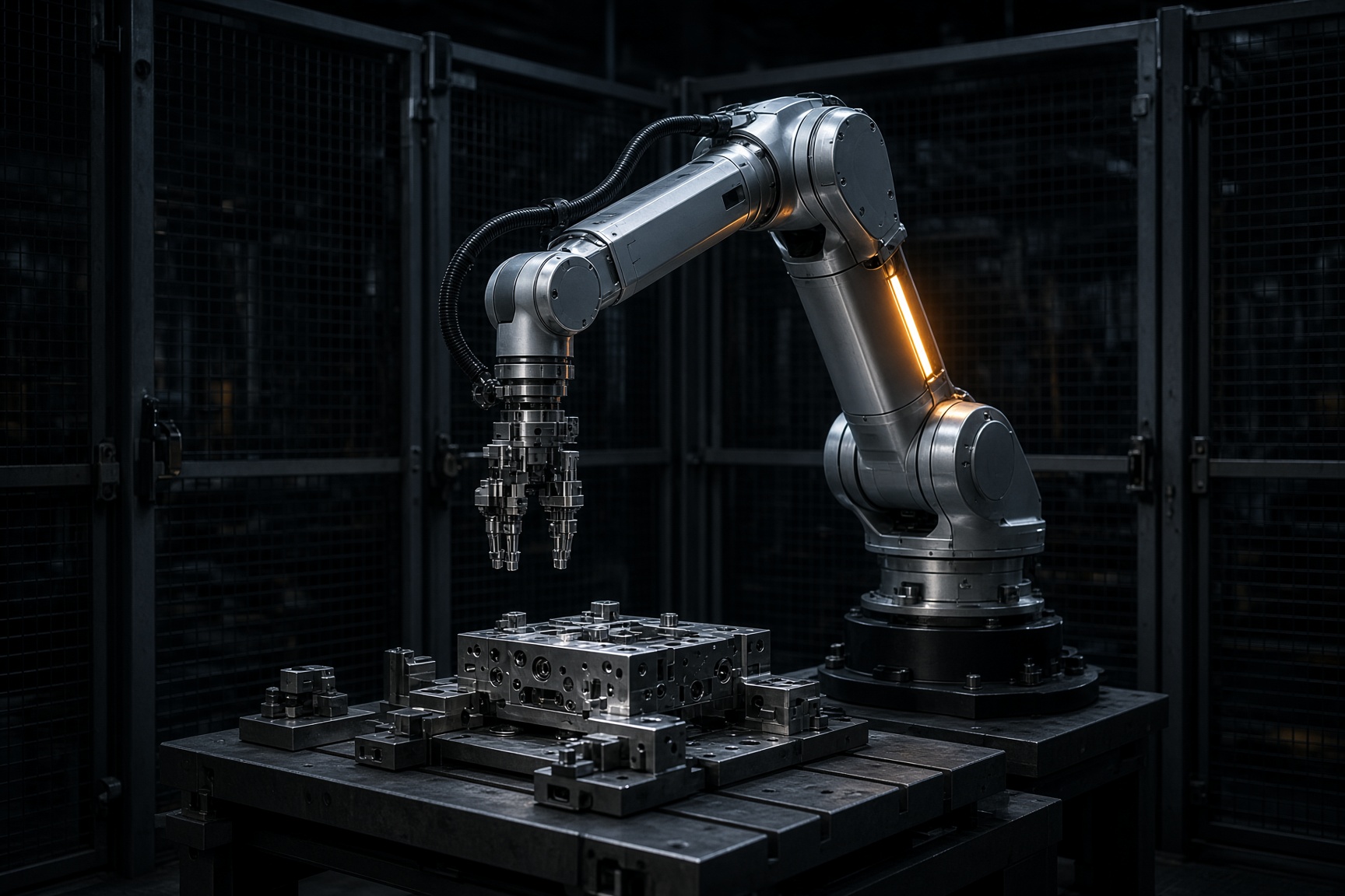 Six-axis industrial robot arm inside a work cell